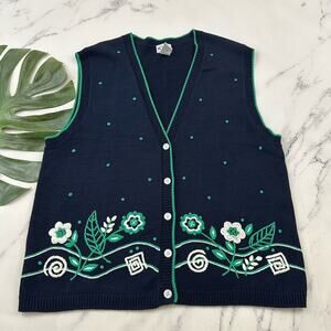 Koret Womens Vintage 90s Sweater Vest Size L Navy Blue Green Floral Embroidered